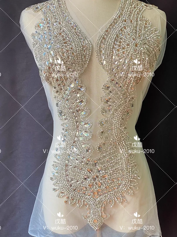 Heavy industry rhinestone wedding dress decorative applique handmade beaded mesh embroidery flower