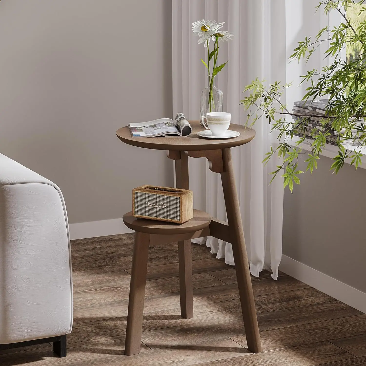 Round End Table for Small Spaces, Narrow Side Table, Accent Table Night Stand with 2 Tier Shelf for Bedroom and Living Room