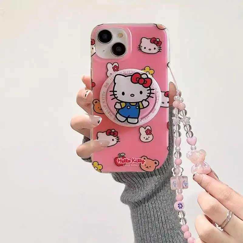 Hello Kitty Magnetic Grip Tokผู้ถือไร้สายสําหรับiPhone 16 15 14 Plus 12 Pro Max 13 Mini Hard Chain Lanyard