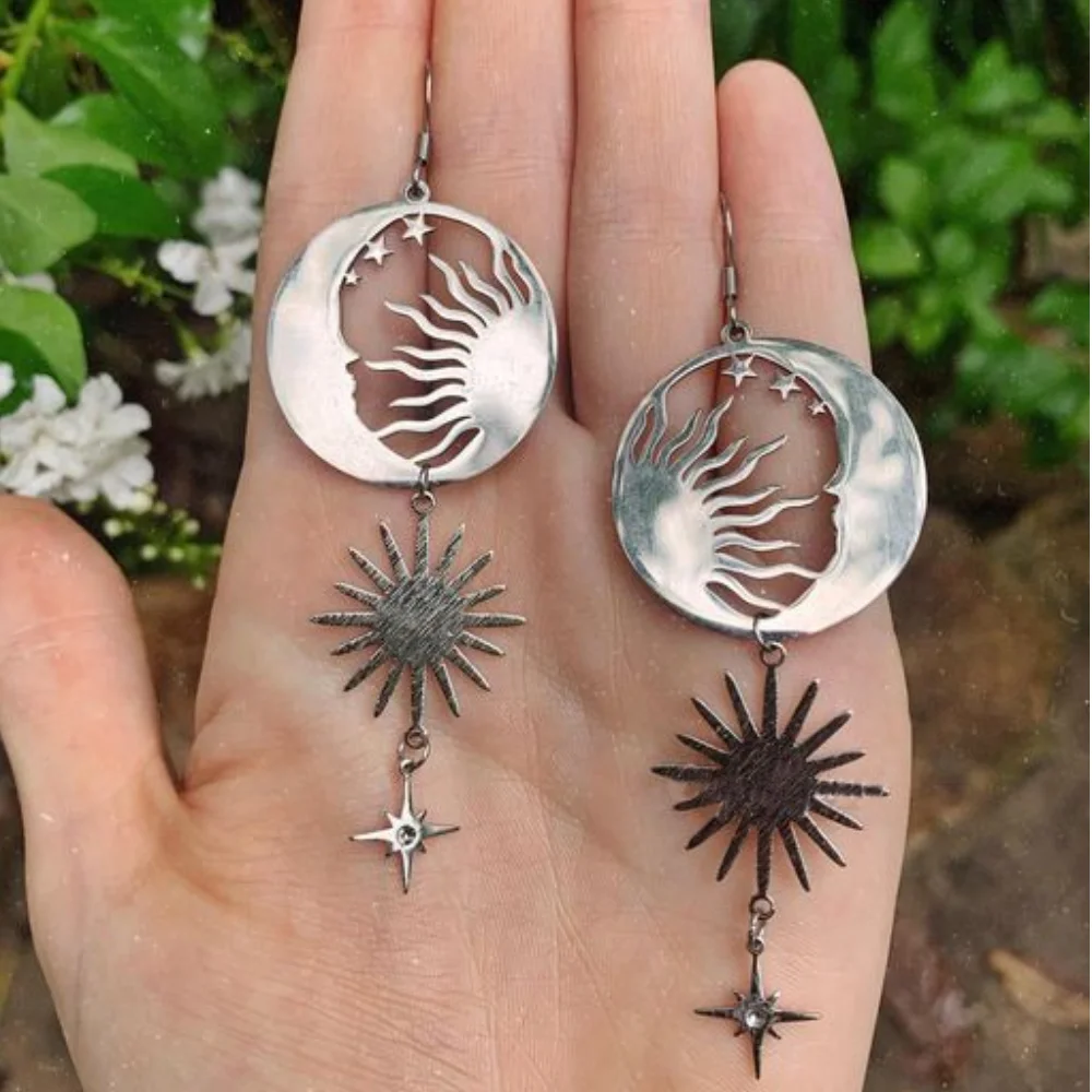 Two Piece Fashion Exquisite Moon Sun Star Copper Silver Colour Pendant Earrings Woman Party Gift Daily Jewelry