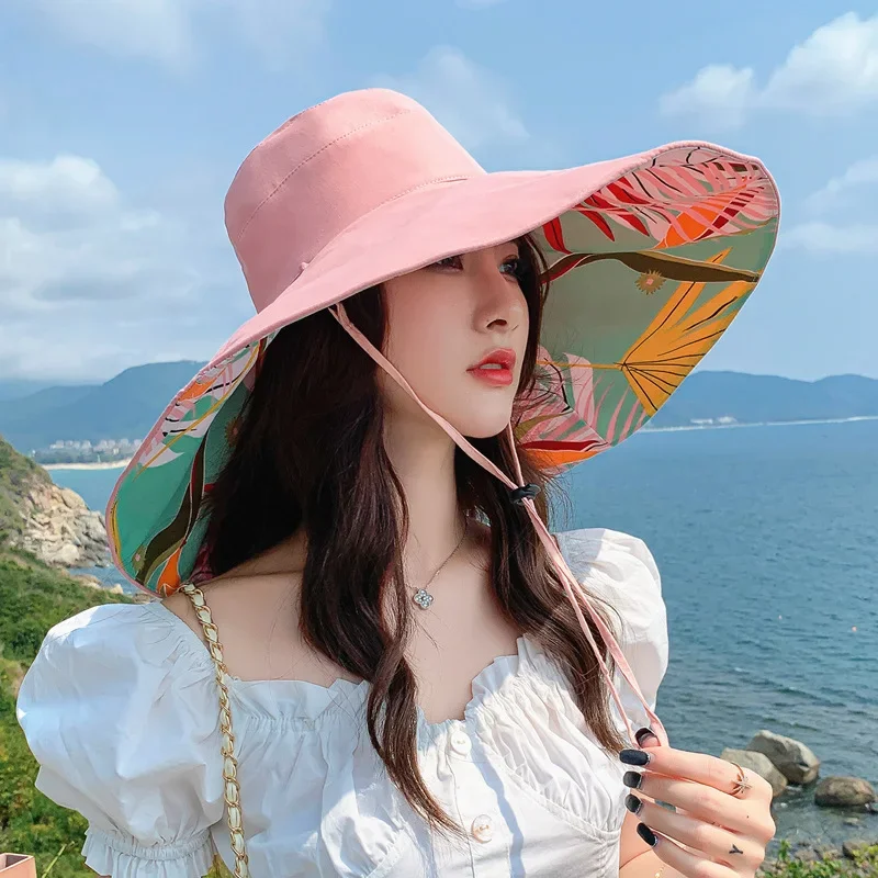 18cm Large Brim Women Summer Double-sided Brim Hat Sun Protection Flower Beach Cap Lady Outdoor Elegant Sunscreen Headgear