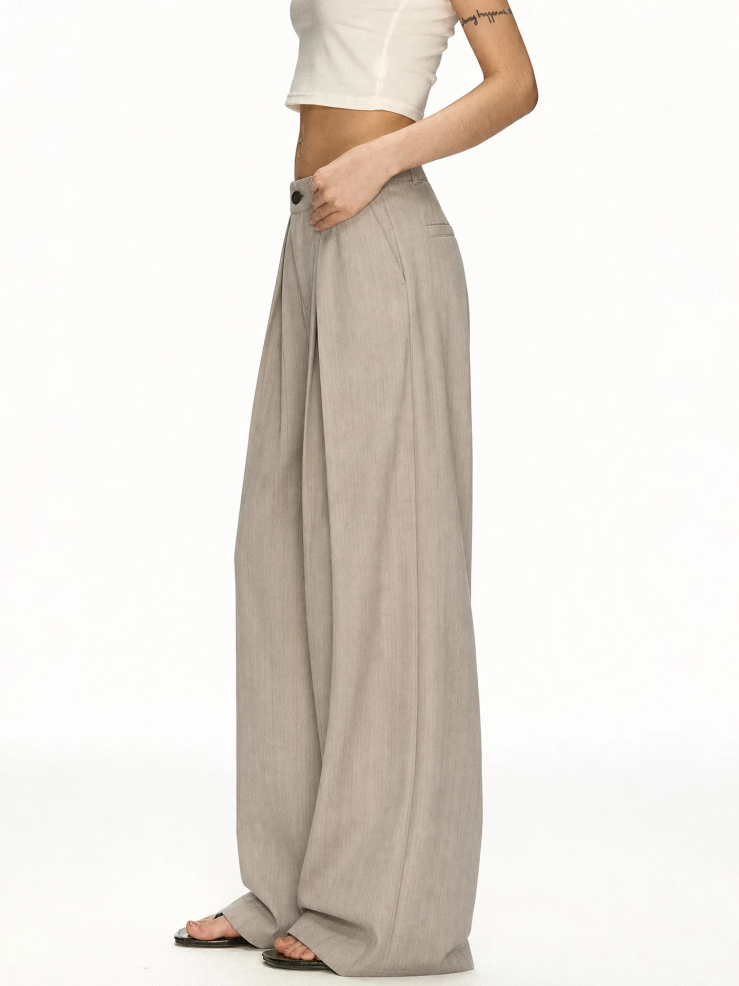 Khaki Striped Wide Leg Suit Pants Women's Early Autumn Thin Loose Minimalist Drape Straight Casual Trousers Polyester Blend