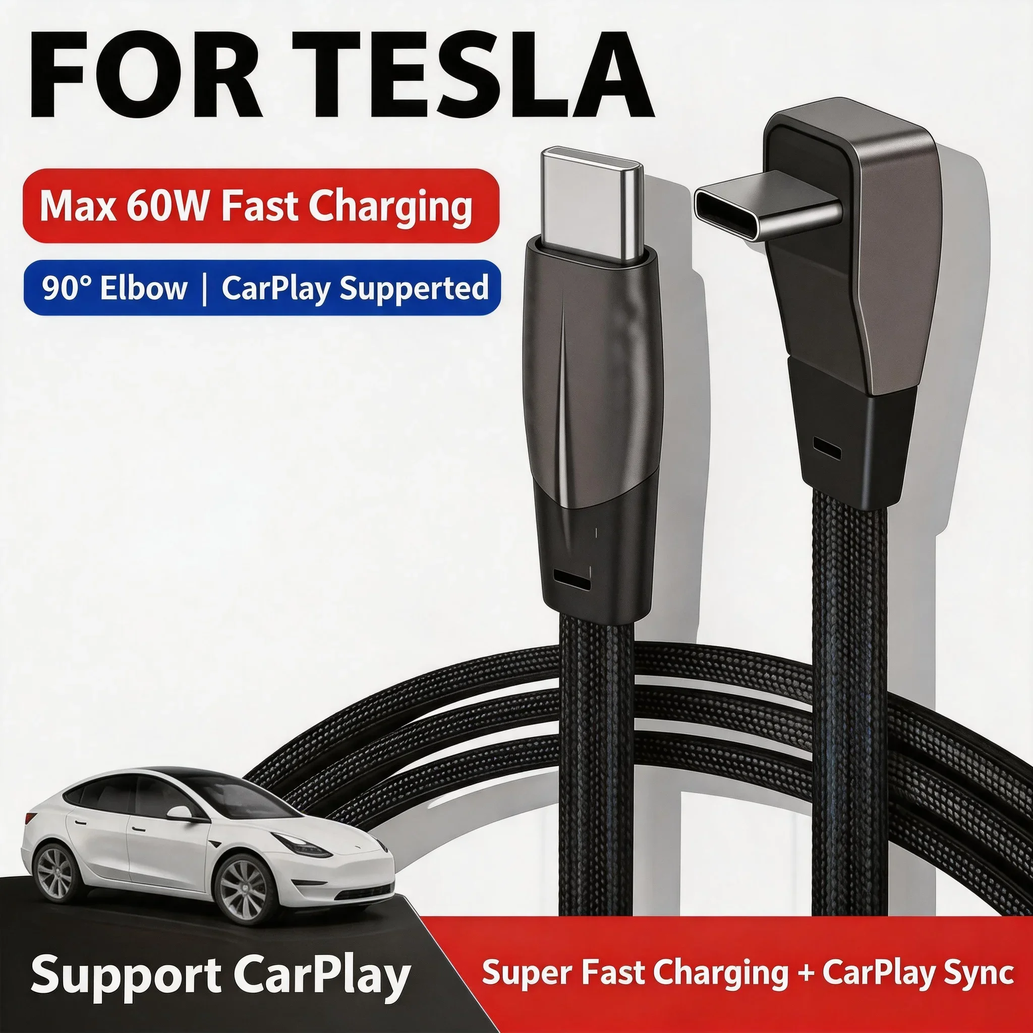 

Elbow Charger 60W Fast Charging 1m Cable For Tesla Model 3 Highland Model Y Juniper Phone Data Charging PD Charge Accessories