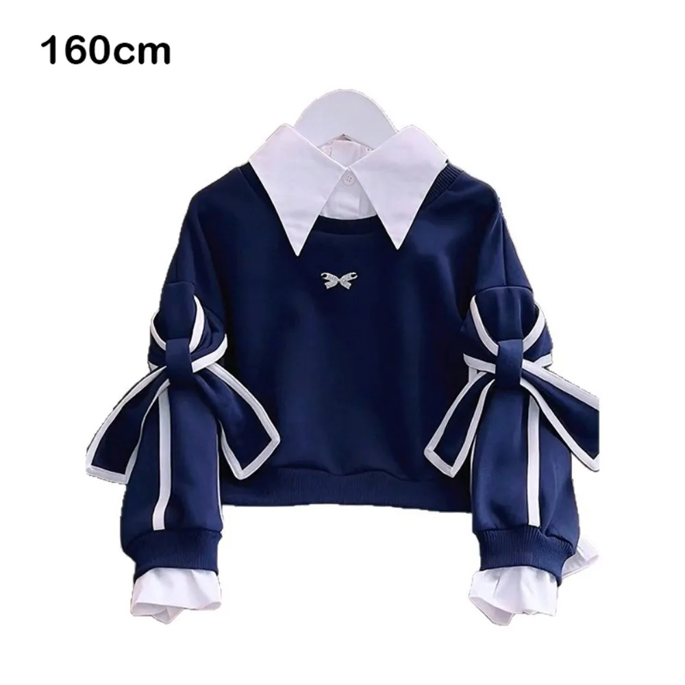 Faux Two Piece Girls Sweatshirt Layered Hem Bow Sleeve Accents Faux Layered Sweatshirt Preppy Style Navy Collar Pullover