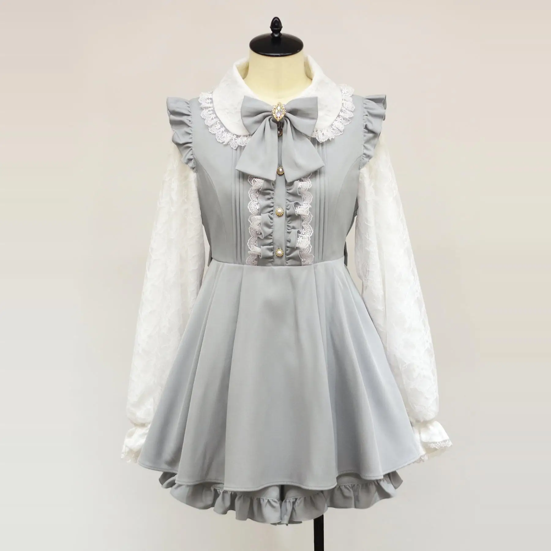 Japanese Mine Style Doll Collar Bow Lace Splicing Long Sleeve Lace-up Slim Dress High Waist Shorts Two Pieces Sets Women Autumn image 5