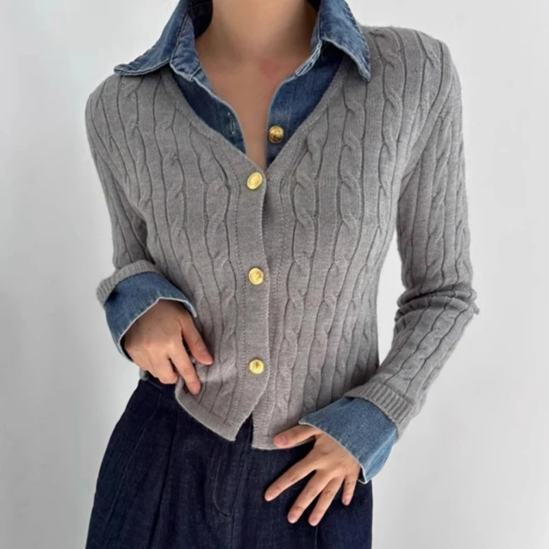 Sueter Mujer Metal Single Breasted Denim Fake Two Twists Knitted Sweater Jumper Sweaters Y2k Clothes Pull Femme Women