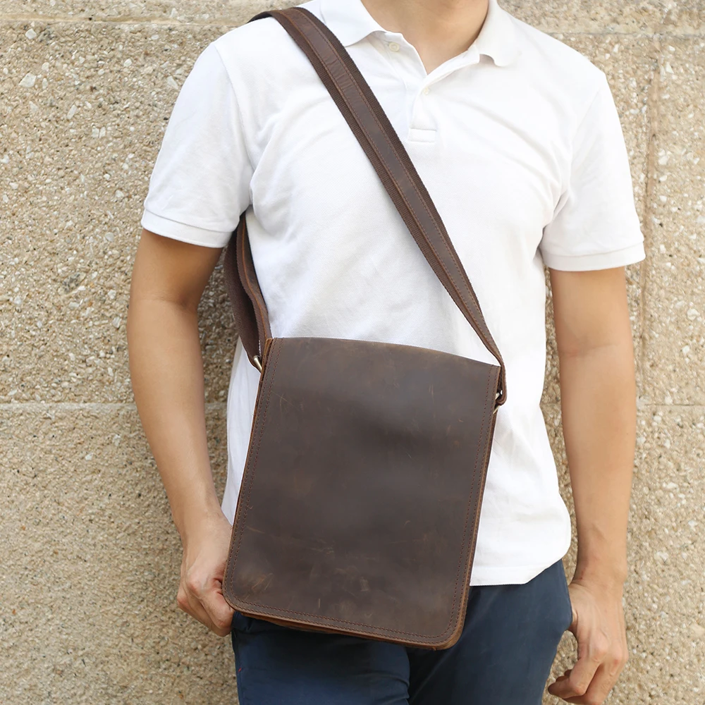 Crazy Horse Leather Crossbody Bag for Boys Large Capacity Flap Leather Versatile Retro Men\'s Bag Single Shoulder Bag