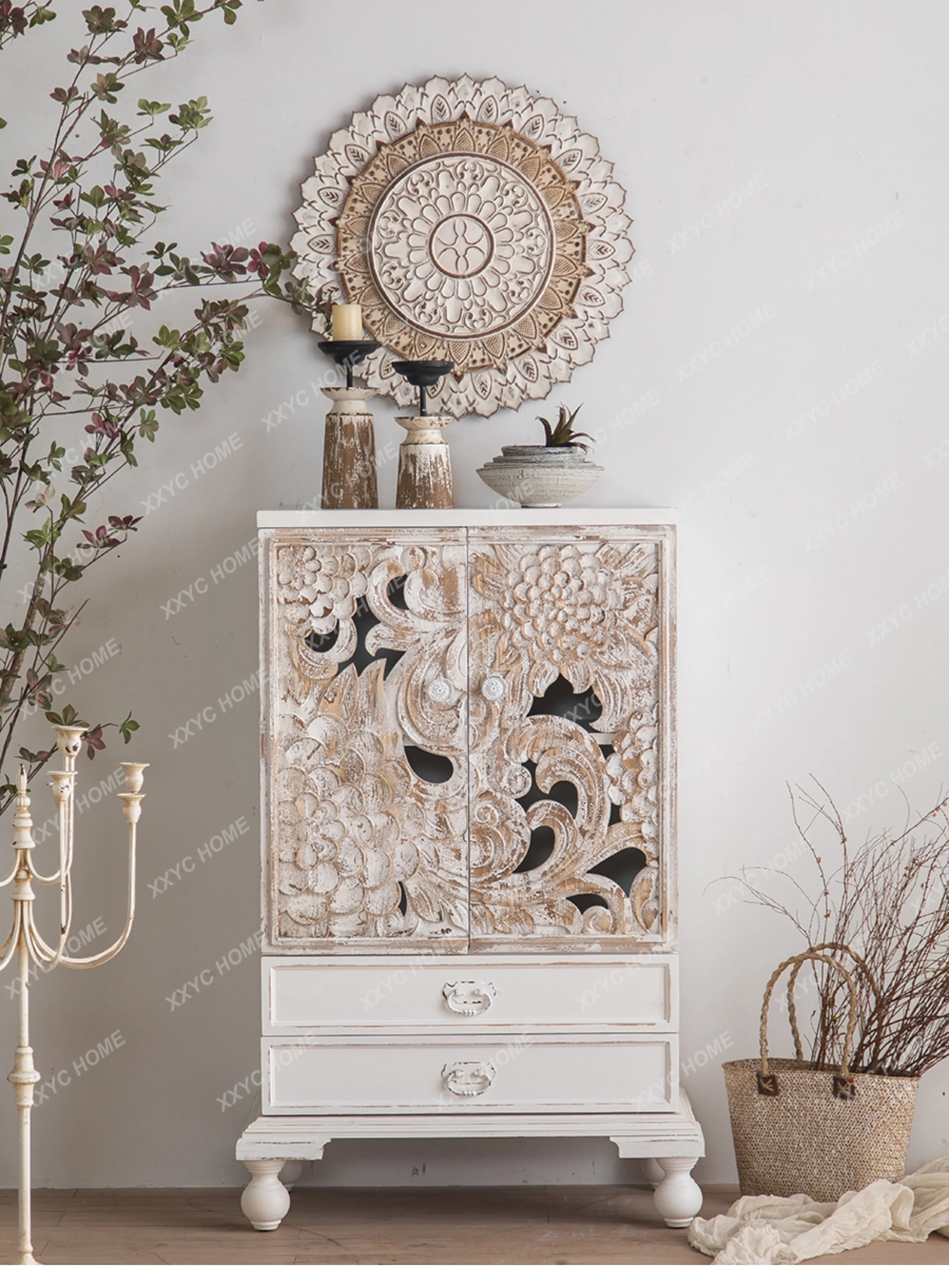 A50 wood white carving old living room entrance, lockers, storage cabinets