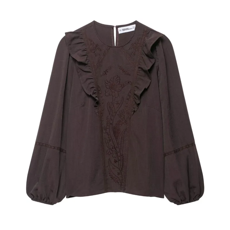 HipSeam 女性花柄刺繍シャツティアード秋 O ネック長袖女性のシャツ & ブラウスカジュアル女性トップス