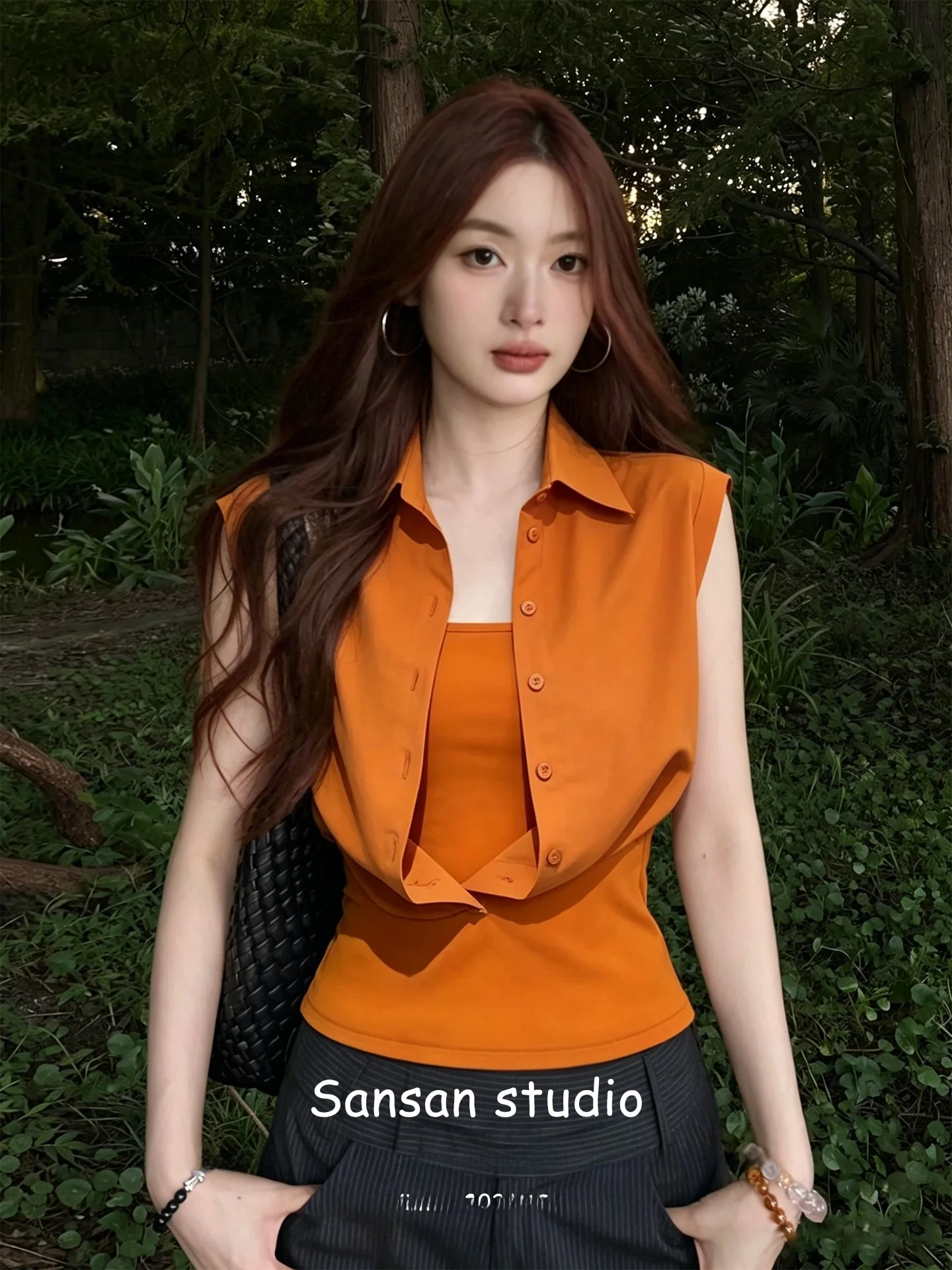

Summer Orange No-Sleeve Shirt Women's Korean Style Casual Slimming Short Top Design Sense Faux Two-Piece Waist-Cinching Flip-...