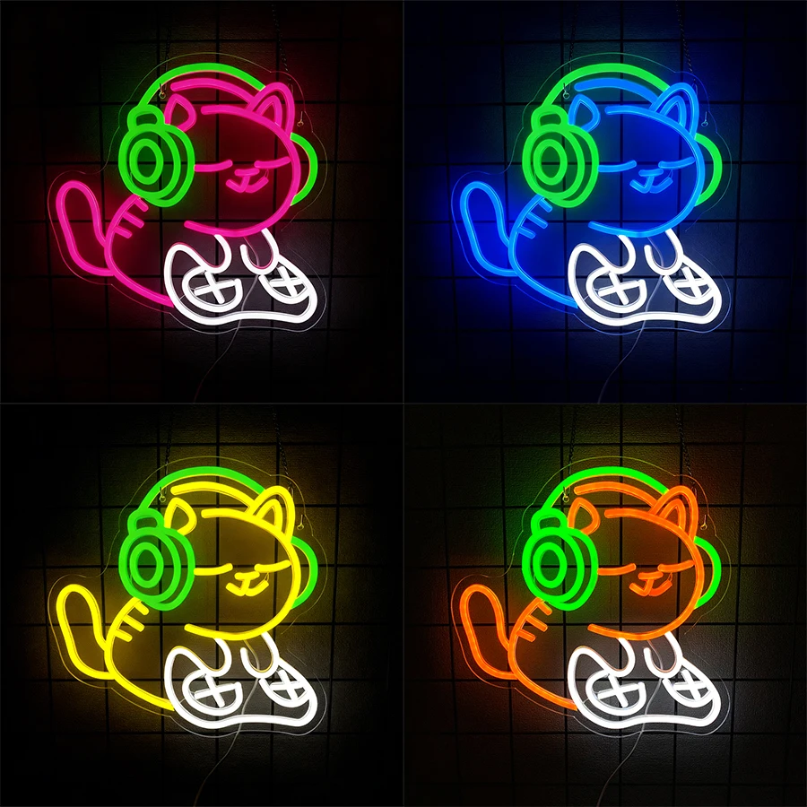 Anime Led Neon Sign, Funny Cat Icon With Headphones, Used For Bedroom Game Room Club Boy Room Decor, Birthday Party Gifts.