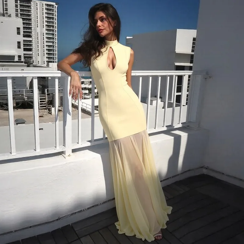 

Tornova Sexy Hollow Chiffon Splice Long Dress For Women Fashion Sleeveless Slim Commuting Dress Female Elegant Banquet Dress