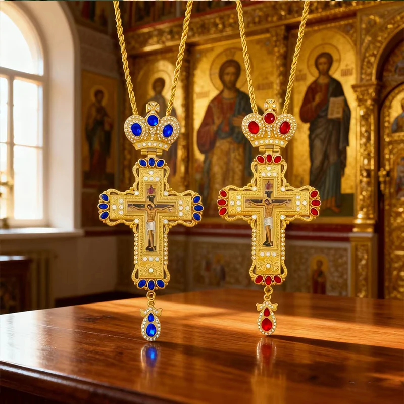 New Gemstone-Embellished Orthodox Pectoral Cross, Gold-Plated with Crystal, Crucifix Icon Necklace for Priest Liturgy & Devotion