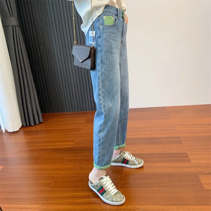 กางเกงยีนส์ทรงหลวมแบบจีบยาวถึงข้อเท้าของผู้หญิงเอวสูงสำหรับเด็กผู้หญิงฤดูร้อน MODE Korea ลำลองทันสมัยเข้ากับทุกชุด