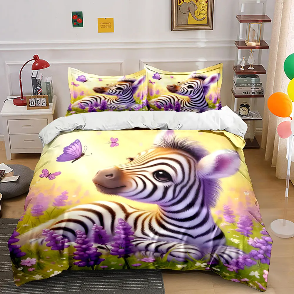 Zebra, purple flowers, butterflies. Print Bedding Set 1 Duvet Cover 2 Pillowcases for Adult and Children Luxury Gift Full Size