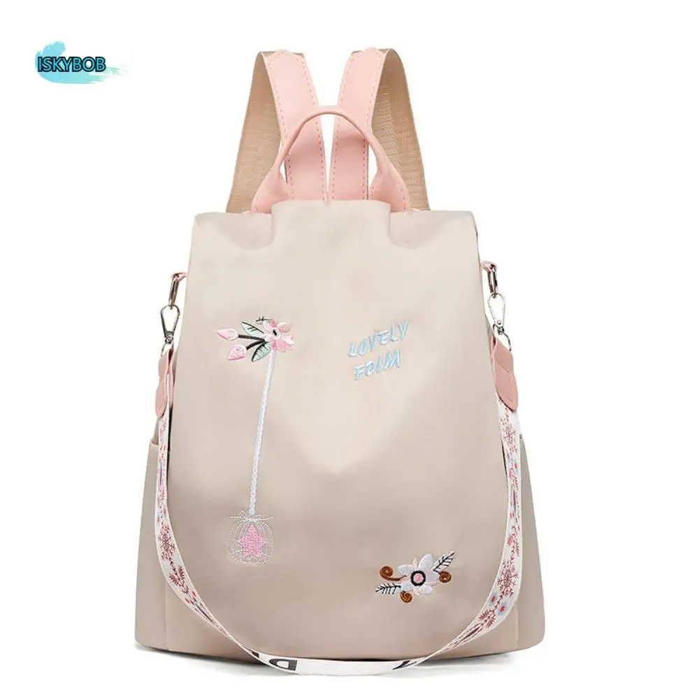 

Waterproof Embroidery Backpack Large Capacity with Shoulder Strap Student School Bag Anti-theft Zippered Travel Knapsack Female