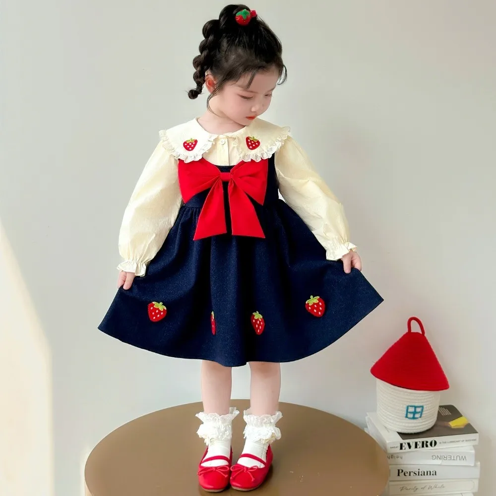 Korean Version Autumn Cute Strawberry Print Lapel Long Sleeved Shirt+bow Dress Two-piece Set for Girls Aged 2-7