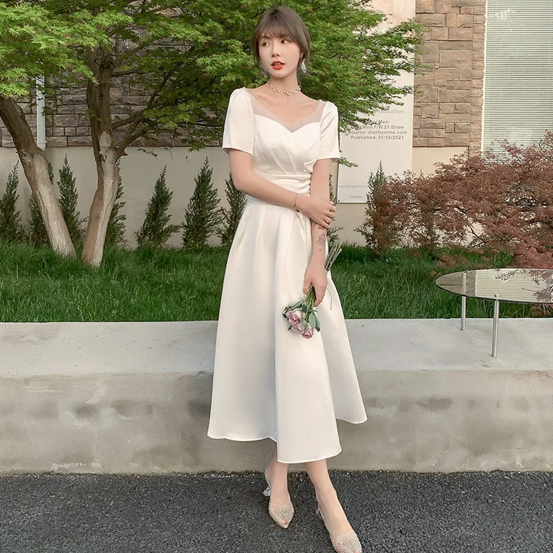 

Korea Style A-line Wedding Dress V-neck Lace Up Mid-calf White Fashion Wedding Gowns Party Dresses vestidos de novia