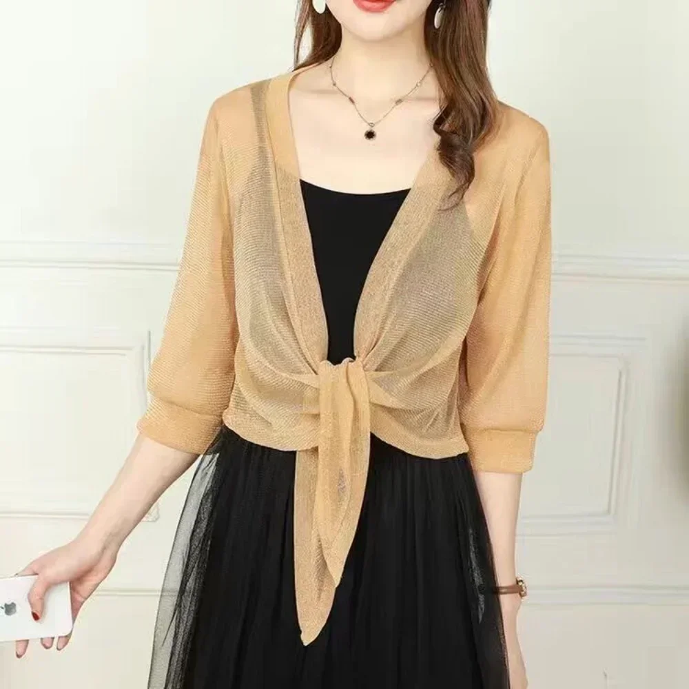 Women's Sheer Glitter Lace-up Cardigan Lightweight Jacket Half Sleeve Summer See-through Loose Blouse Women