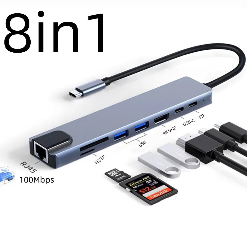 USB C 3.1 Type-C to 4K HDMI-compatible 100Mbps Ethernet Adapter Card Reader Multi-port Splitter Hub Compatible for Macbook Pro
