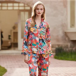 [Banquet Cat] Ice Silk Pajamas Women's Summer Long-Sleeved Two-Piece Outfit Printed Home Clothes Silk Women's Suit