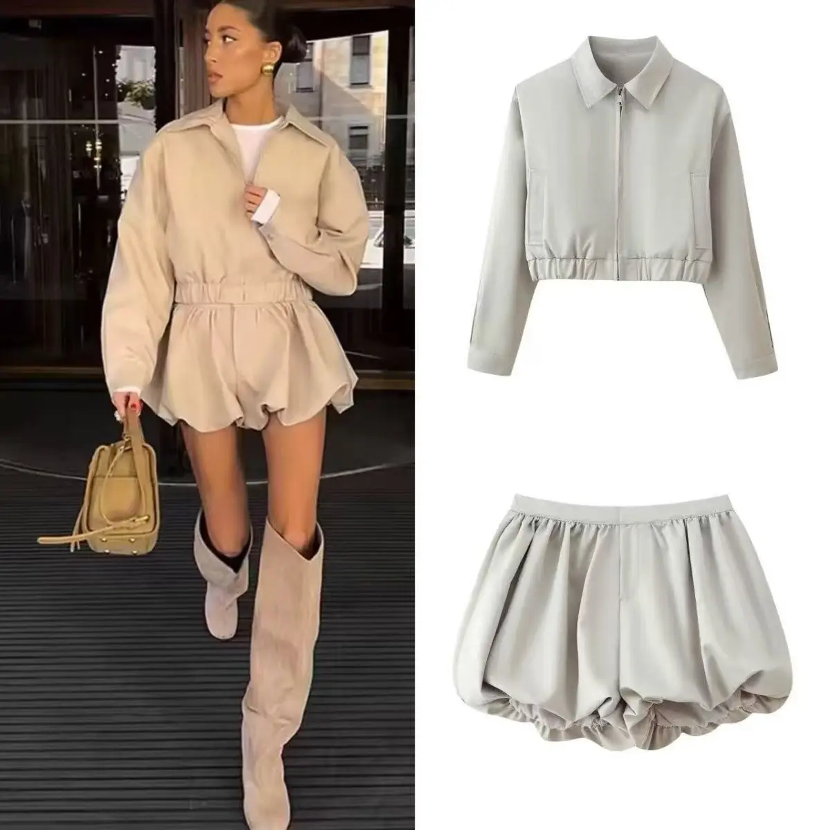 Fashion 2026 New Women's Short Lapel Zipper Jacket Jacket Balloon Version