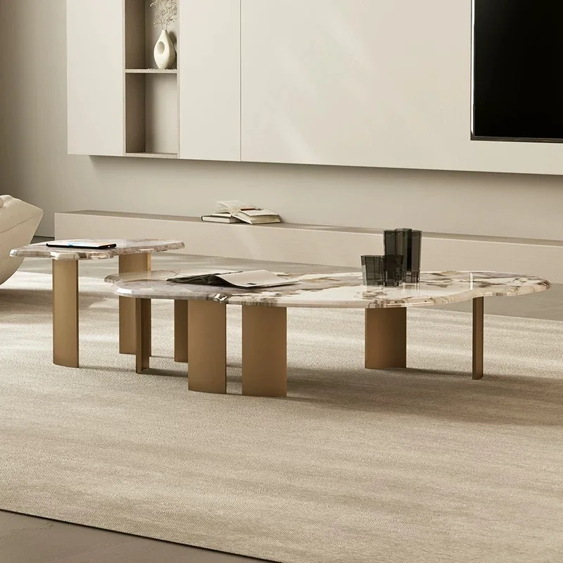 Light luxury imported pure natural luxury stone coffee table high-grade Italian stainless steel marble coffee table living room