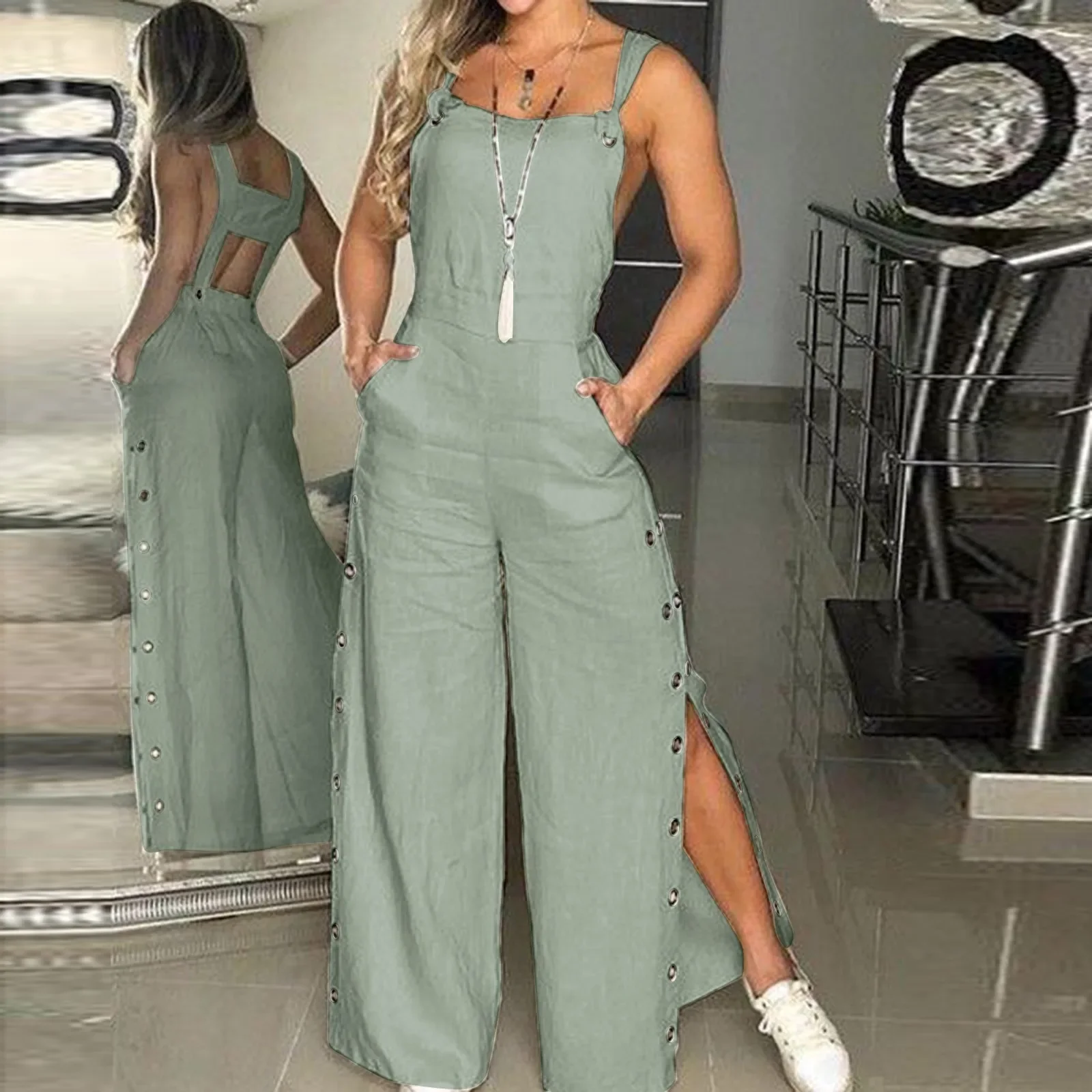 ผู้หญิงฤดูร้อนแขนกุดผ้าฝ้ายผ้าลินิน Playsuits Strappy ปุ่มด้านข้างเปิด Overalls หลวมยาวกางเกงขากว้างหญิง Jumpsuits