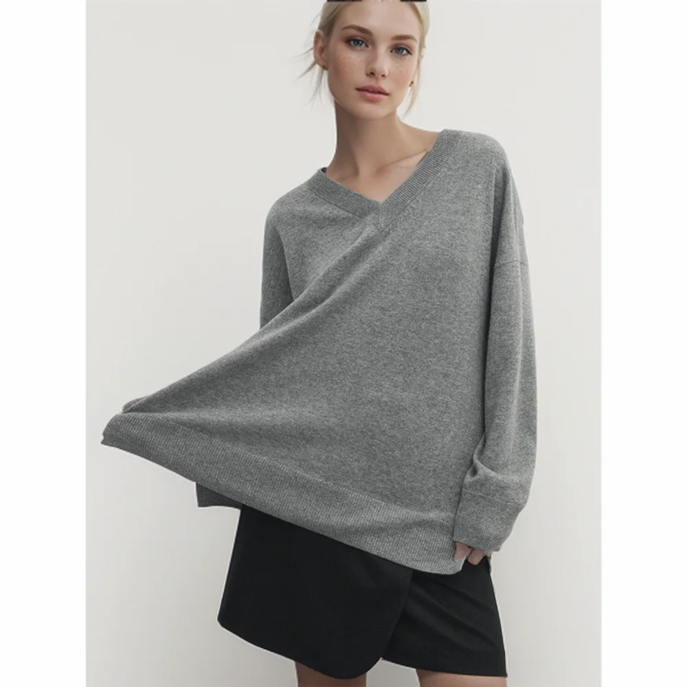 Cos Lris2024 women\'s autumn temperament simple style gray V-neck solid color loose knit sweater 05698550812