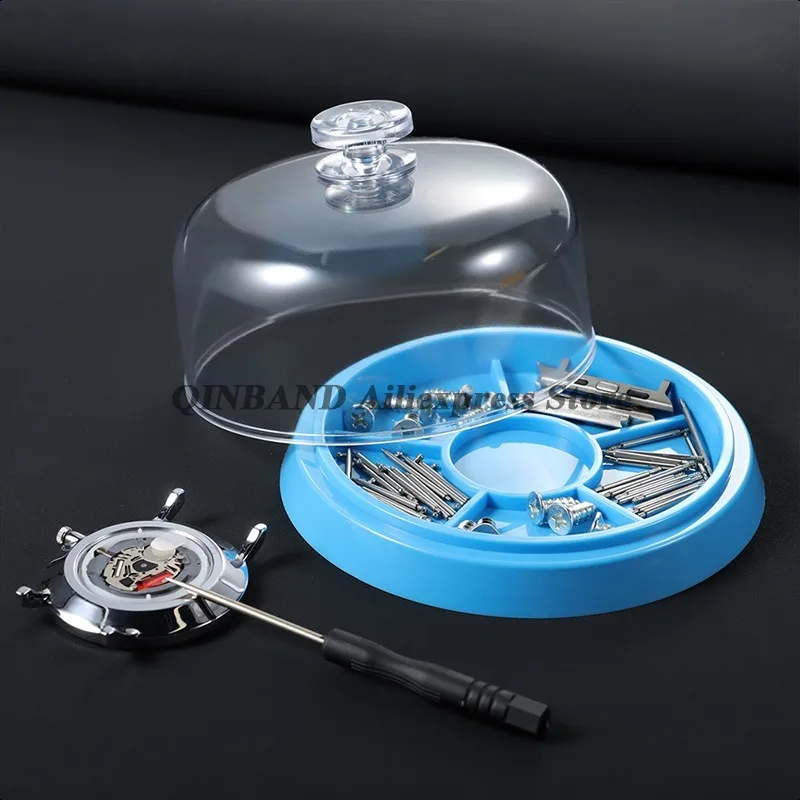 6 فتحات ساعة أجزاء حركة غطاء ورقة الغبار مع صينية الساعاتي حامل مقاوم للرطوبة صينية صندوق تخزين حامي أدوات إصلاح