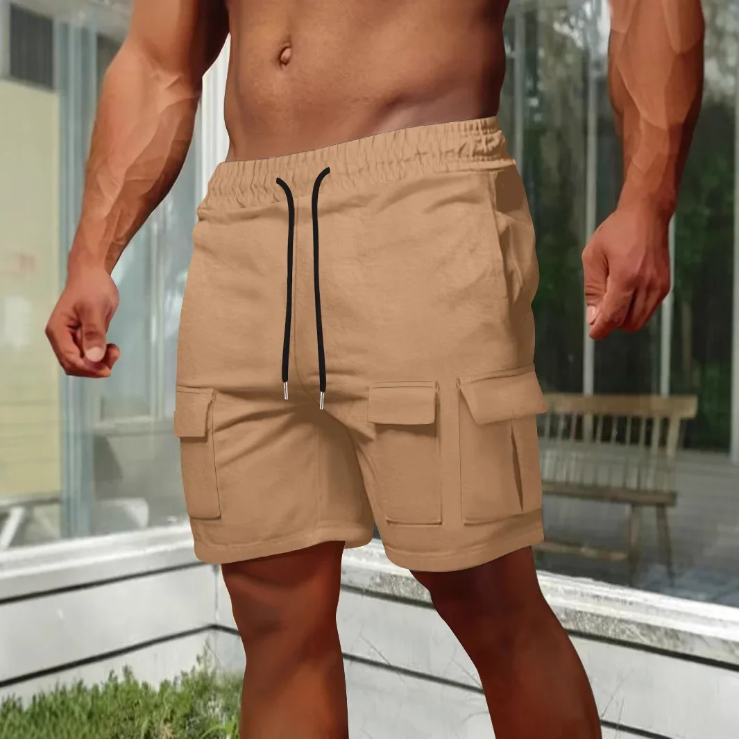 Summer New Fashion Men's Drawstring Loose Solid Color Knee Length Shorts Casual Trendy Multi-pocket Elastic Shorts Male Clothes
