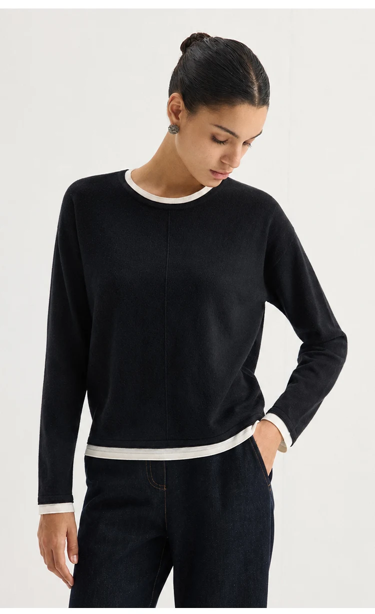 ML62039 Damen-Strickpullover mit Rundhalsausschnitt, Langarm, Zweiteiler-Optik, Kontrastfarbener Besatz, Lässiger Pullover für Herbst und Winter – Detail 4