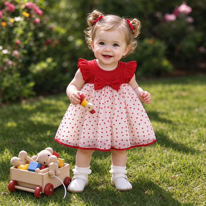 0-3 Y Kids Summer Little Flying Sleeve Dress Lovely Heart Children Clothing Sweet Bow Baby Girl Princess Birthday Party Dresses