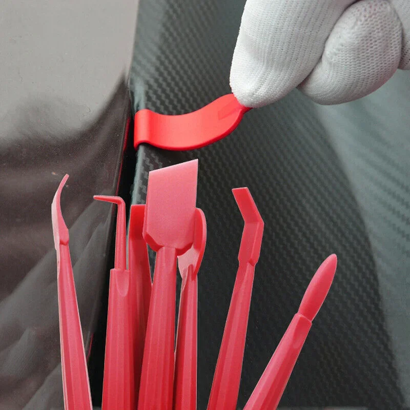 7Pcs Car Film Trimming Tool Car Wrap Vinyl Scrapers 3D Carbon Fiber Decal Film Micro Squeegee Felt Kit Wrap Vinyl Tools Red