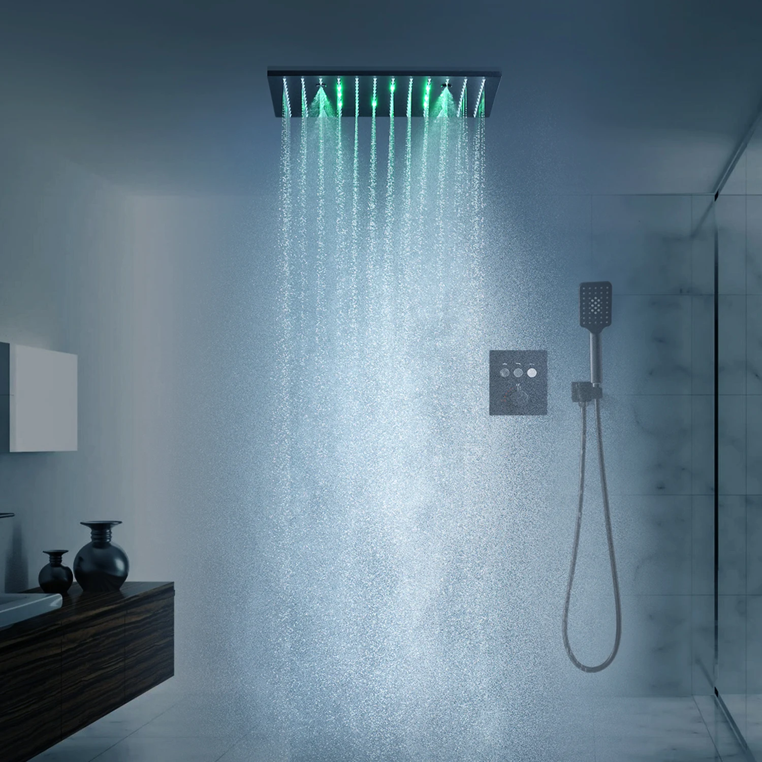 

THERMOSTATIC BATHROOM CEILING RAIN MIST LED SHOWER HEAD SET MATT BLACK MASSAGE SHOWER SYSTEM 16 INCH