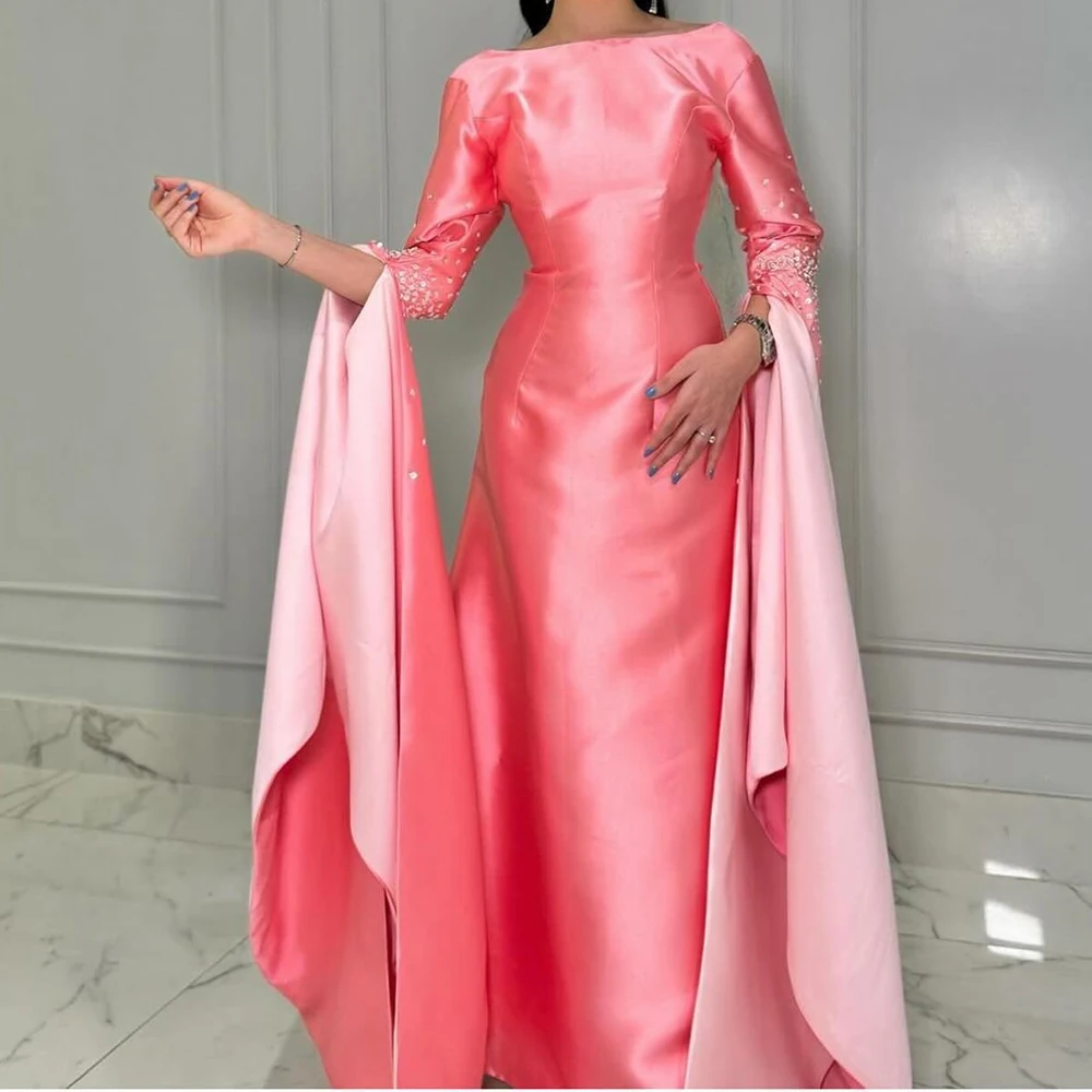 

Customized Exquisite Pleats Crystal Evening Dress Temperament A-Line Long Sleeves Satin Pink Evening Dress vestidos para mujer