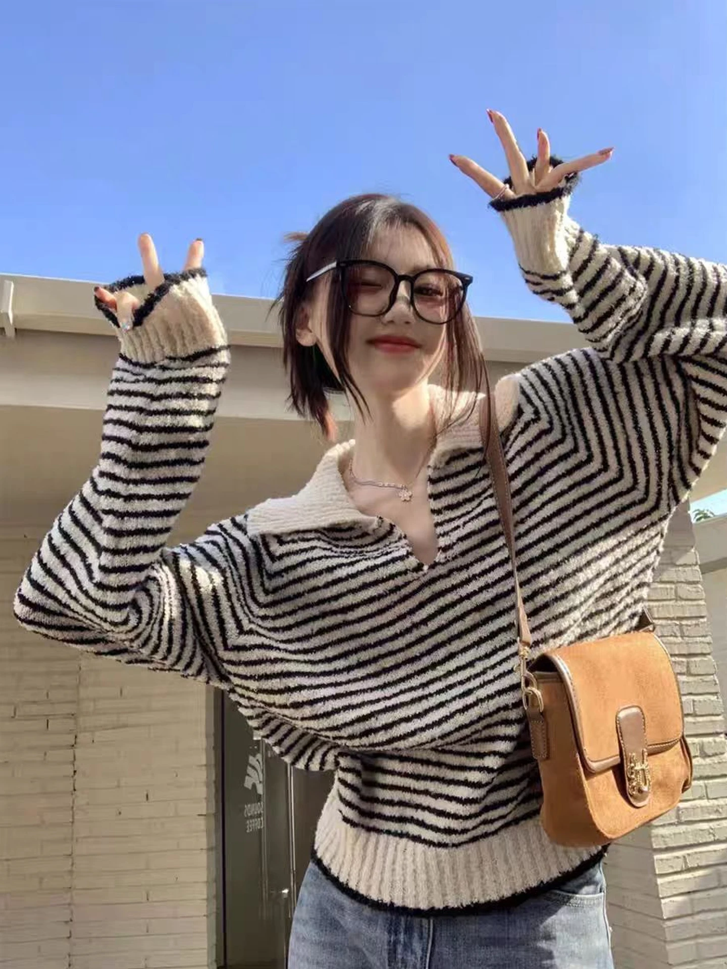 

Korean Sle Casual Chic V-Ne Striped Women's Knitwear Sweater Autumn Winter Color Blo Loose Fit Soft Long Sve Top