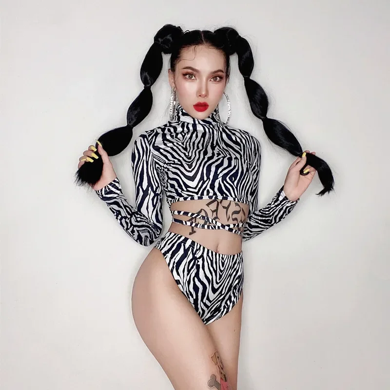 バーナイトクラブゴーゴーショーコスチュームゼブラ柄ビキニ2ピースセットDJ女性ダンサーポールダンスステージウェアレイブパフォーマンス衣装