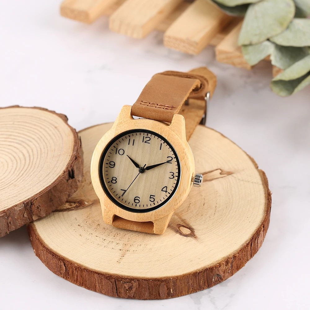 Relojes de pulsera elegantes para mujer, relojes de madera de bambú para mujer, banda de cuero suave, reloj de pulsera Simple, regalos femeninos