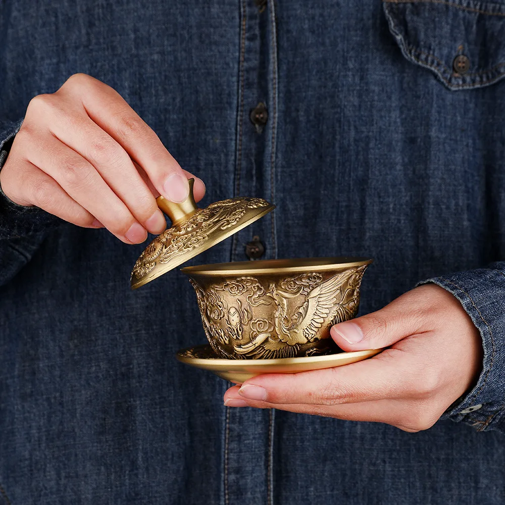 

Pure Brass Dragon And Phoenix Bowl Three Piece Set Decoration, Home, Living Room, Chinese Classical Tea Set, Spring Festival