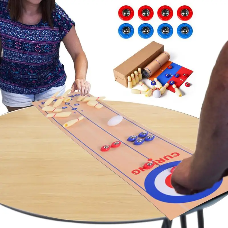 Portable 3 In 1 Table Top Shuffleboard Curling Game And Bowling Set Family Games For Kids Adults Indoor Outdoor Board Fun