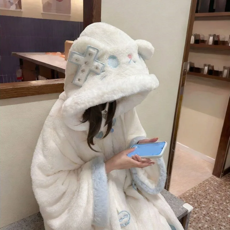 White Fluffy Ghost Hooded Robe, Coral Fleece Pajamas Women Cute, Cartoon Plush Sleepwear Winter Warm, Thick Homewear Outwear Gif
