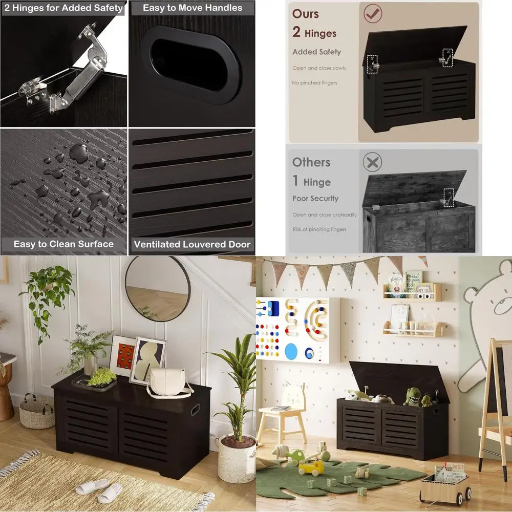 

Large Wooden Storage Chest with 2 Safety Hinges, Vintage Shoe Storage Bench, Sturdy Trunk for Living Room or Bedroom, Easy Assem