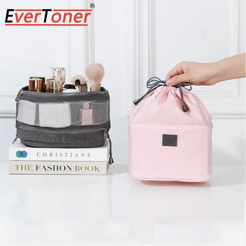 EverToner Waterproof Nylon Drawstring Bucket Bag Multiple Pockets Drawstring Design Travel and Daily Use Makeup Pouch