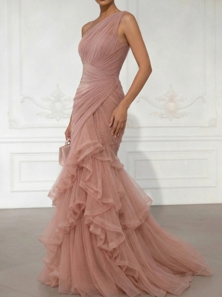 Dusty Pink One Shoulder Ruched Tulle Mermaid Evening Gown Cross Wrap Waist Cascading Ruffle Train Formal Wedding Guest MaxiDress