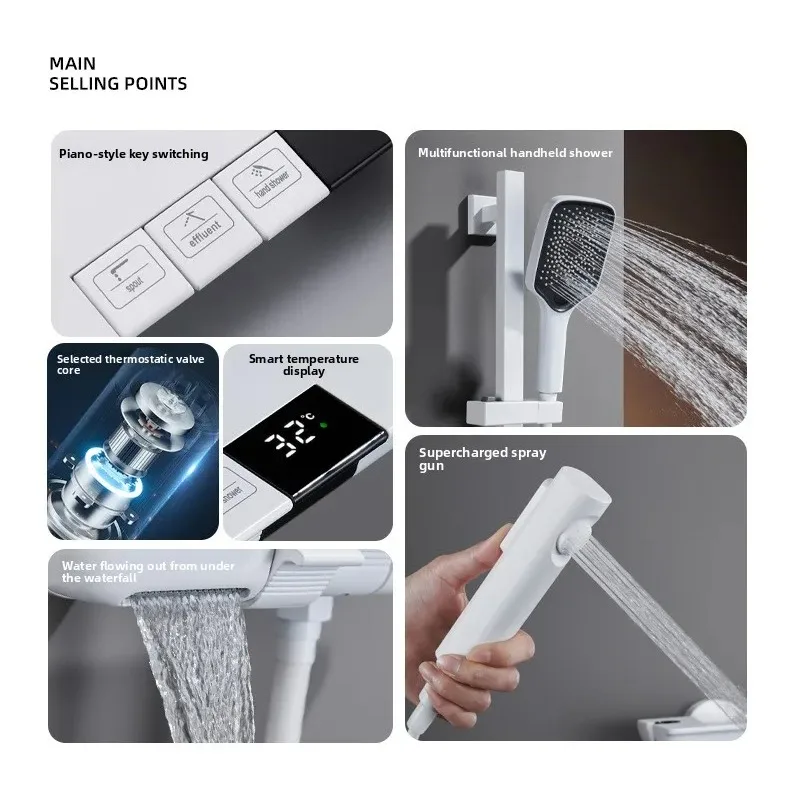 

White all-copper shower set, topless spray piano button, simple digital display, constant temperature shower, lifting rod for