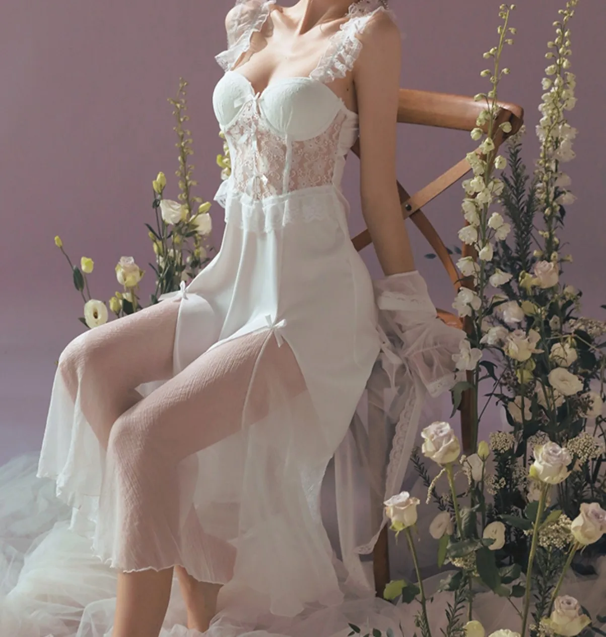 Chemise de nuit sexy en dentelle pour femmes, vêtements de nuit à volants, garniture en maille, chemise de nuit longue, robe de mariée, robe dos nu, vêtements de maison, peignoir