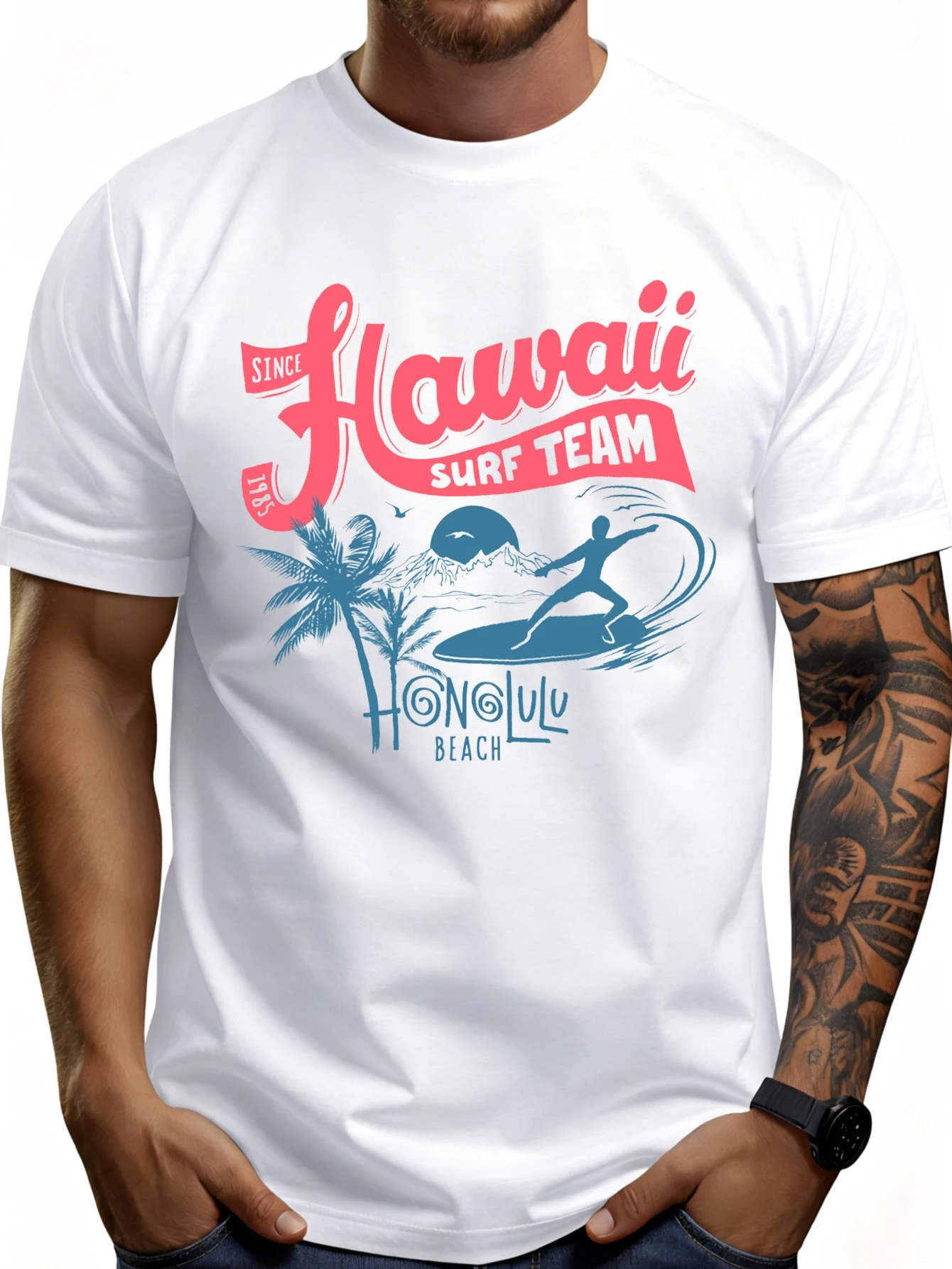 Casual Summer Style Men's T-Shirt with Hawaii Surfing Team Honolulu Beach Design, Suitable for Beach Vacations and Outdoor Activities, Is the Perfect Gift for Surfers and Travel Enthusiasts