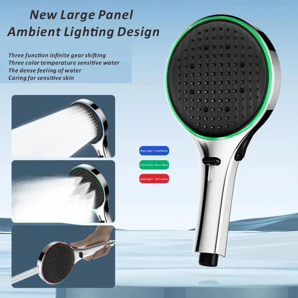 New 135mm LED Ambient Light Temperature Sensing 3 Modes High Pressure Water Saving Shower Head Spray Bathroom Accessories