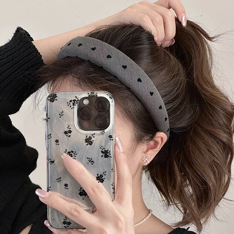 Gray Print Bow Heart Dot Spong Hairband For Women Girl Sweet Hair Ornament Headband Hair Hoop Hair Band Fashion Hair Accessories